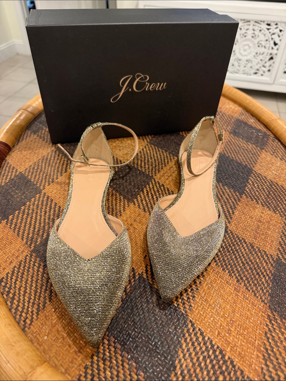 J. Crew Gold Glitter Pointed Ankle-Strap Flats